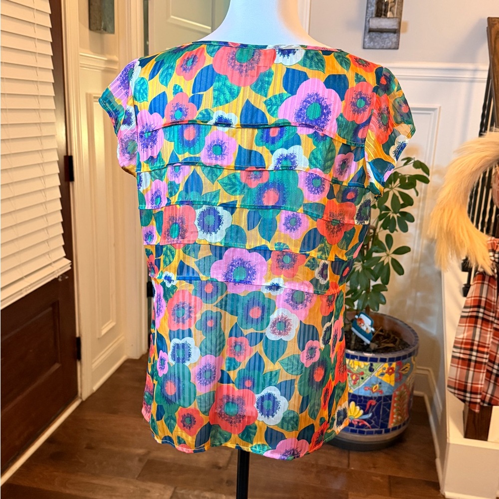 Modcloth NWOT Chiffon Multicolor Floral Button Front Semi Sheer Tiered Blouse - Picture 3 of 6